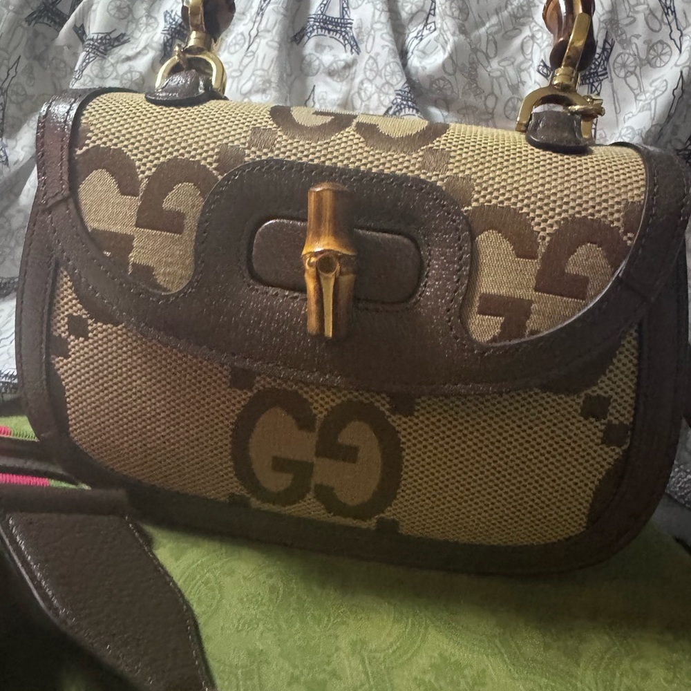 Gucci Brown and Cream GG Bamboo Shoulder Bag Medium